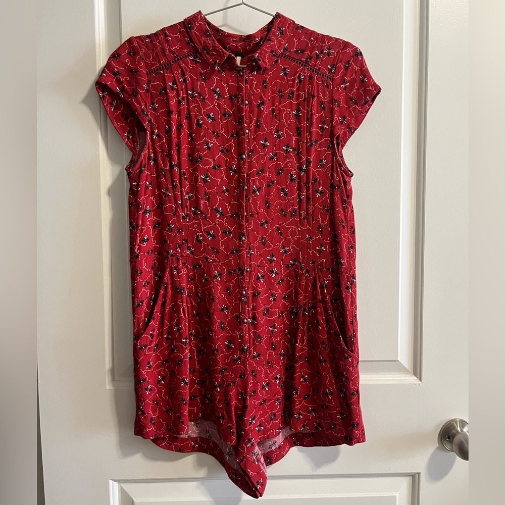 Red Free People Button Down Romper